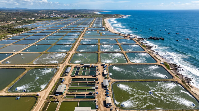 Aerial view of fish farm with ponds growing fish and shrimp and other seafood. Fish hatchery pond aerial view aquaculture with aerator pump oxygenation water near ocean.
