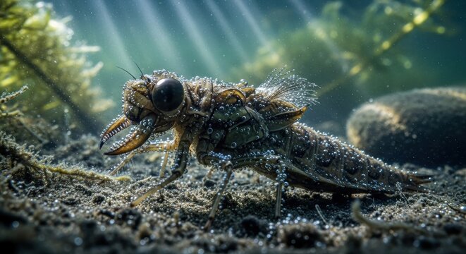 Dragonfly Larva Underwater with Bubbles and Sunlight