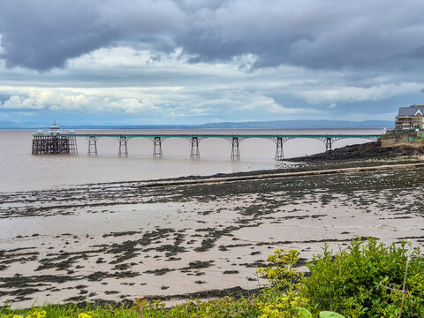 View of Clevedon Pier on the Bristol Channel in Clevedon, Somerset, England
