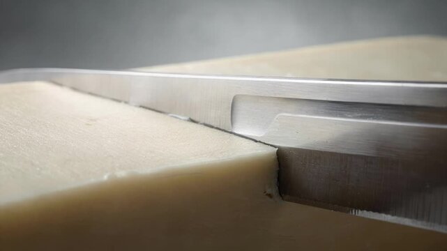 Closeup medium shot of selfsharpening knife blade slicing through soft material highlighting innovative composite edge technology