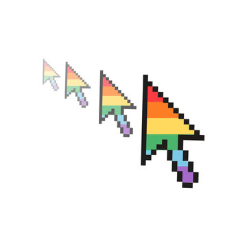 Pixel art rainbow pride cursor trail illustration isolated on white. Retro 8-bit computer mouse pointers in a rainbow flag colors for LGBTQ pride month, digital motion, and Y2K internet nostalgia