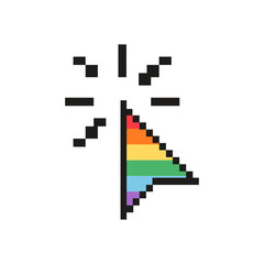 Fototapeta premium Pixel art pride cursor clicking icon isolated on white. Retro 8 bit mouse pointer with clicking animation effect and rainbow flag colors for LGBTQ pride month, tech nostalgia, web design elements