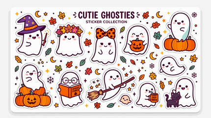 Obraz premium Cute Halloween Ghost Sticker Collection with Pumpkins, Witch Hat, Broom, and Black Cat, Flat Vector Illustration with Autumn Leaves and Stars, Playful Spooky Design Elements