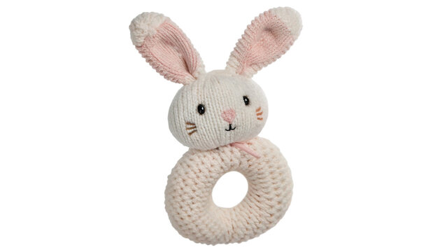 Cute plush textile baby rattle toy shaped like a white rabbit isolated on transparent background cut out