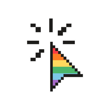 Pixel art pride cursor clicking icon isolated on white. Retro 8 bit mouse pointer with clicking animation effect and rainbow flag colors for LGBTQ pride month, tech nostalgia, web design elements