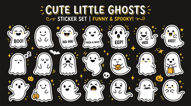 Cute Flat Design Ghost Sticker Set with Various Expressions and Halloween Elements, Funny and Spooky Vector Illustration