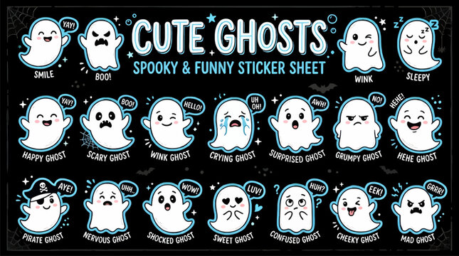 Cute Cartoon Ghosts Sticker Sheet, Flat Design Vector Illustration with Various Emotions and Expressions, Spooky Halloween Graphics