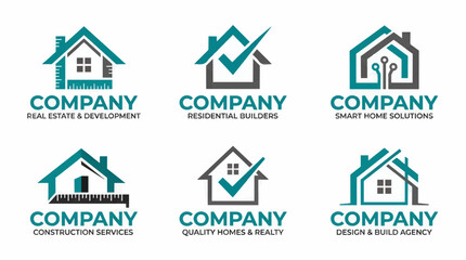 Collection of Six Company Logos Featuring House Icons for Real Estate, Construction, and Smart Home Services, Vector Graphics © Sumini