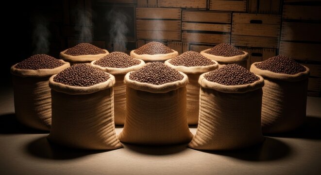 Stacks of Fresh Coffee Beans in Sacks Ready for Roasting