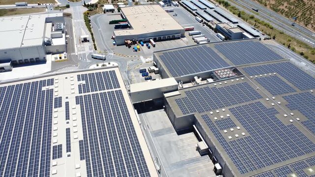 Aerial view of solar panels on warehouse rooftop in logistics center