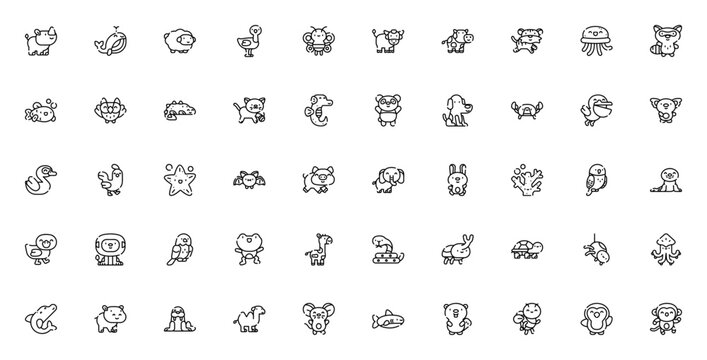 Animal_8153 icon set. Minimal linear vector icons. Featuring rhinoceros, whale, sheep, ostrich, butterfly, bull, cow, tiger, jellyfish, racoon and more.