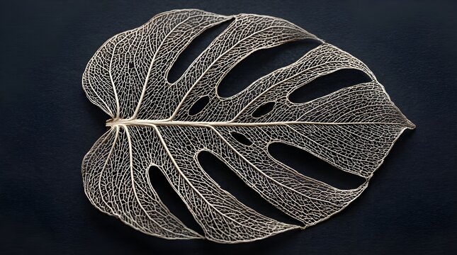Skeleton monstera leaf with intricate lace vein pattern on dark background