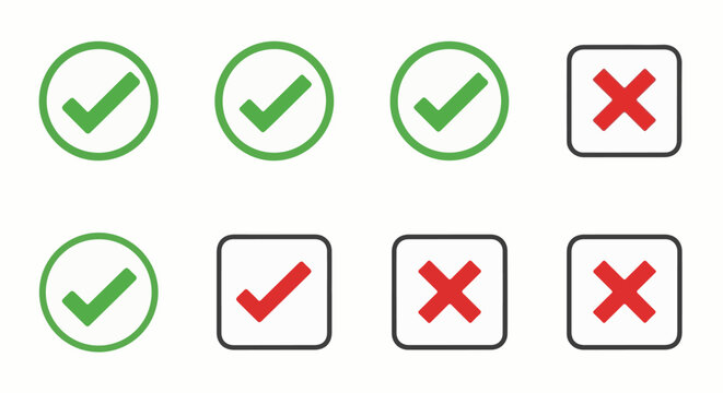 Four green checkmarks and four red crosses in various circular and square shapes