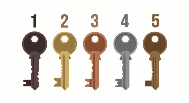 Five numbered keys of varying colors on white background