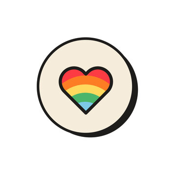 Retro circular badge with rainbow pride heart isolated on white. Minimalist pop art illustration with rainbow flag colors for LGBTQ pride month, inclusive branding, and queer social media stickers