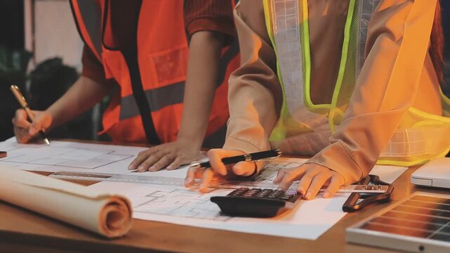 professional architect designer structural engineer team colleagues working office looking computer discussing building plan design project.