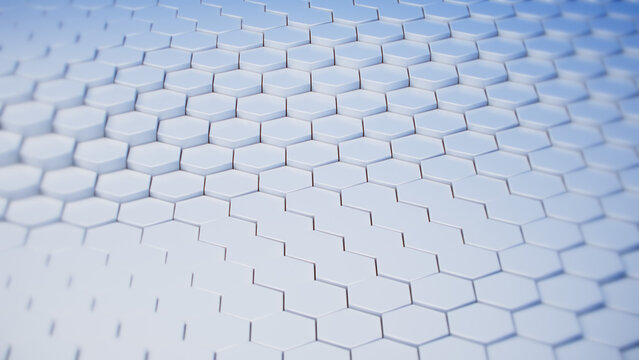 White hexagonal tile surface in perspective view as a clean minimal 3D render, ideal as a technology corporate or architecture background image