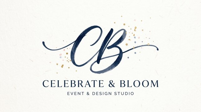 Elegant calligraphy logo for Celebrate & Bloom Event & Design Studio, navy blue script monogram CB with gold glitter on textured paper background