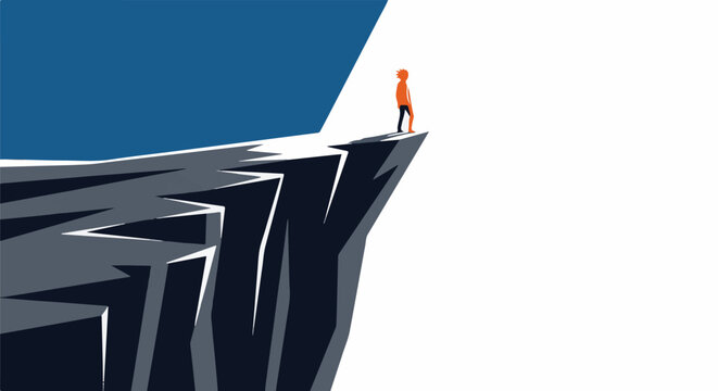 Lone figure stands on edge of sharp, dark cliff, facing bright light