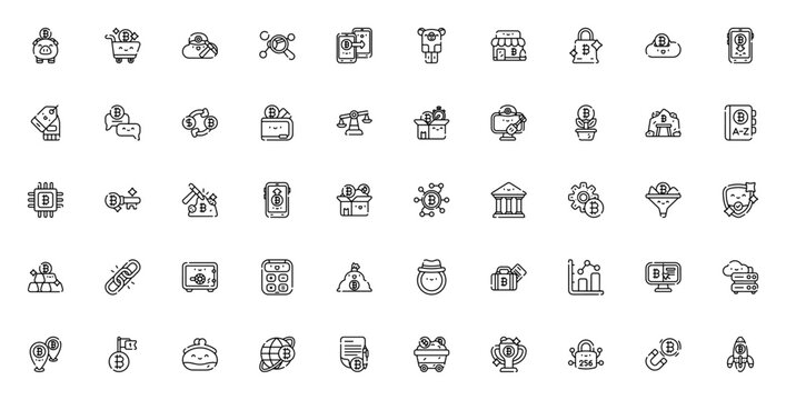 Cryptocurrency icon set. Crypto vector icons pack. Minimal line icons. Featuring piggy bank, shopping cart, cloud, data, transfer, wallet, bitcoin, mining, blockchain, safe, key, and more. Editable ve