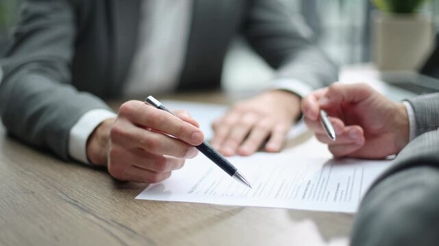 Two hands hold pens over a contract