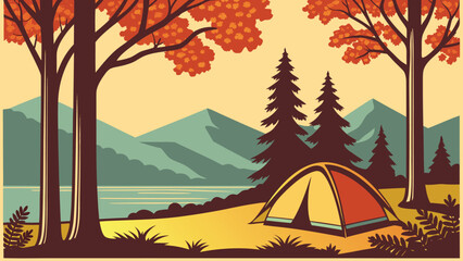 Autumn camping scene with tent by lake and mountains © LailaArtworks