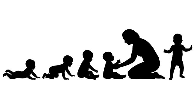 Mother and Baby Growth Silhouette &ndash; Stages of Infant Development Representing Love, Care, and Family Bond for Creative Design, Parenting, and Educational Projects