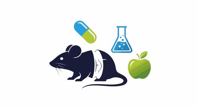 A stylized mouse is dissected, surrounded by research elements like a pill, flask, and apple