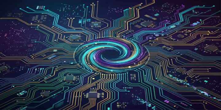 An abstract digital technology pattern of a blue and green printed computer motherboard circuit board featuring a microchip CPU processor and electrical engineering components