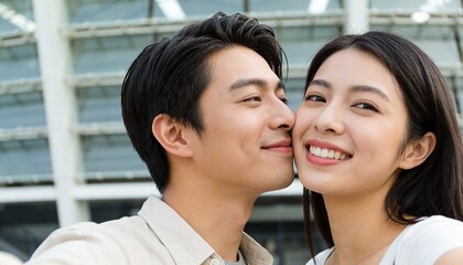Fototapeta premium Happy young Asian couple taking a selfie outdoors. Man kissing woman on the cheek. Romantic relationship and love concept. Modern architecture background
