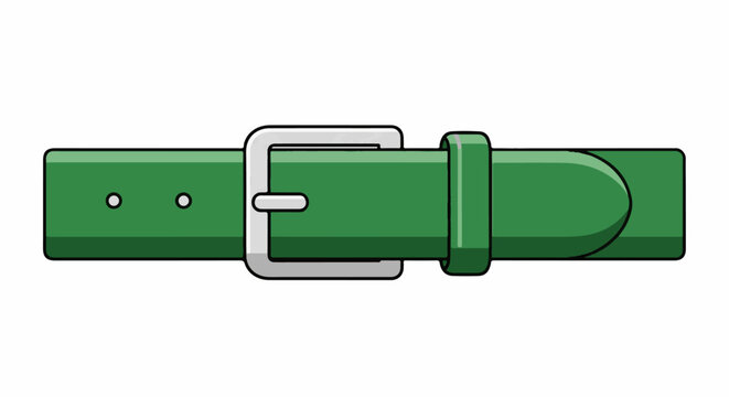 A flat illustration of a green leather belt with a silver buckle and two holes
