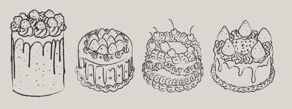 Vector set of hand drawn celebration cakes with textured charcoal outlines. Minimalist holiday dessert doodles collection isolated on background for bakery logo design cafe menu birthday cards and pac