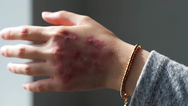 Close up of a hand with red inflamed skin rash and eczema symptoms indoors