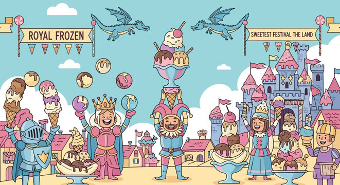 Fantasy Ice Cream Festival with Royal Characters and Dragons