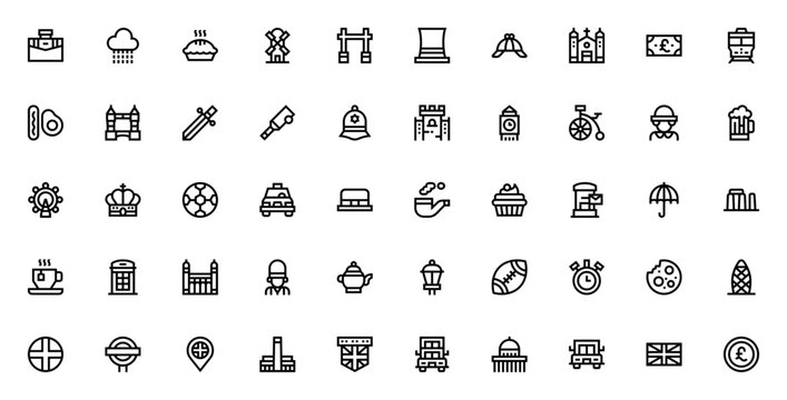 England icon set. UK vector illustration pack. Minimal line art icons. Featuring Big Ben, London bus, Queen, crown, tea, phone box, football, rugby, cricket, castle, tower, umbrella, beer, windmill, S