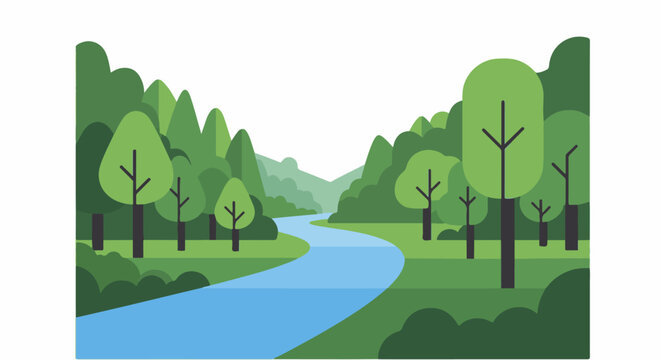 Stylized verdant forest with a winding blue river flowing through