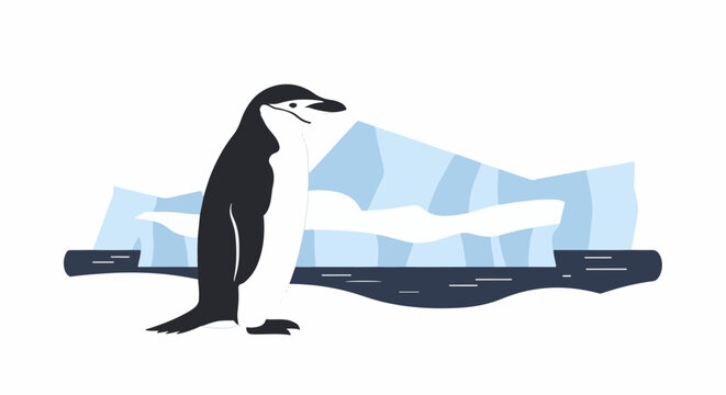Stylized penguin stands before icebergs and dark water