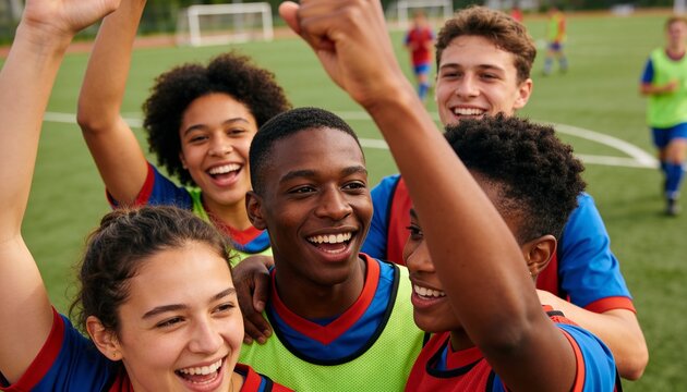 Happy diverse teenage soccer team celebrating a victory on the field. A multi-ethnic group of young athletes cheering together in a huddle. Youth sports and teamwork concept