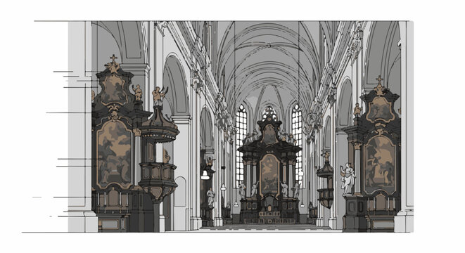 Stylized illustration of ornate church interior with vaulted ceilings and pulpit