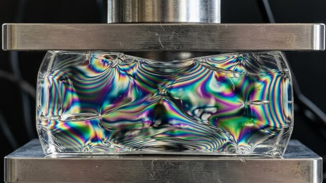 Scientific visualization of stress-induced birefringence patterns in a transparent material under compression