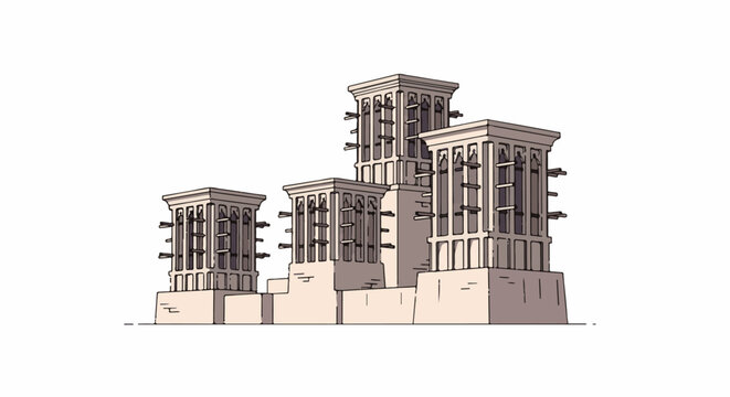 Stylized illustration of traditional windcatchers on stacked structures