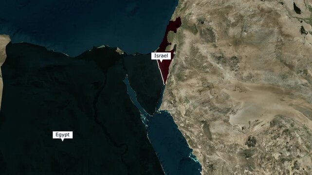 Earth globe animation highlighting the countries of Egypt and Israel with clear territorial boundaries for news media