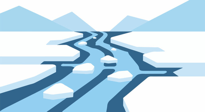 Stylized frozen landscape with a winding river and ice floes