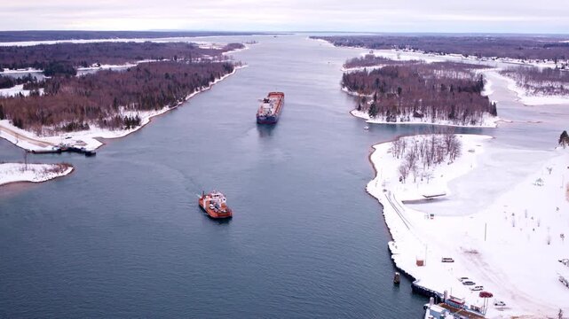 Aerial drone view of a cargo freighter headed downstream toward the Soo Locks