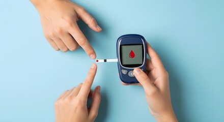 Fototapeta premium Two hands using a blood glucose meter to check blood sugar levels, with a red blood drop icon on the screen.