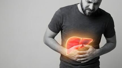 Man experiencing liver pain and discomfort, highlighting health issues and internal organ problems with a glowing illustration.