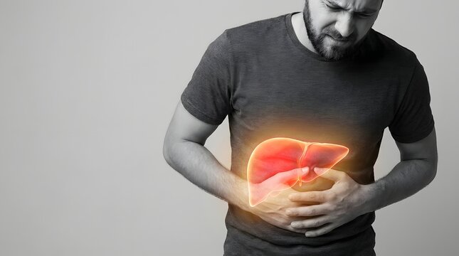 Man experiencing liver pain and discomfort, highlighting health issues and internal organ problems with a glowing illustration.