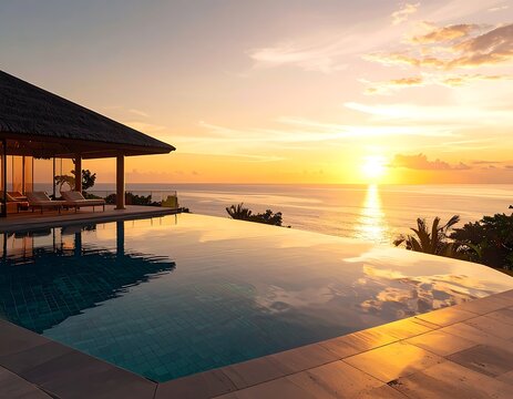 A serene infinity pool overlooking the ocean at sunset (567)