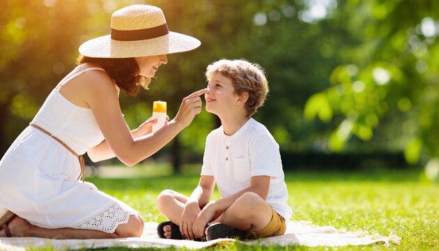 Mother applying sunscreen to her son's nose during a picnic in a sunny park. Family sun safety and skincare concept. Woman in straw hat putting SPF cream on child's face outdoors
