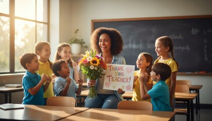 Obraz premium Happy teacher celebrating with students in classroom for World Teachers' Day concept, holding flowers and appreciation card with children cheering, expressing gratitude